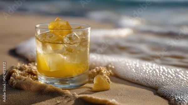 Fototapeta Refreshing cocktail with ice in sand by sea waves on hot summer day. Lots of copy space.Based on Generative AI