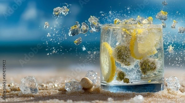 Obraz Refreshing cocktail with ice in sand by sea waves on hot summer day. Lots of copy space.Based on Generative AI