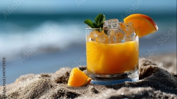 Fototapeta Refreshing cocktail with ice in sand by sea waves on hot summer day. Lots of copy space.Based on Generative AI