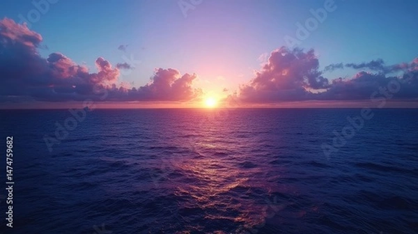 Fototapeta Serene Sunrise Seascape: Pastel Gradient Sky Reflecting on Calm Waters with Depth of Field Control, Ideal for Meditation Apps and Wellness Center Digital Displays