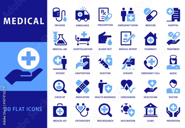 Obraz Collection of 30 Flat Style Blue Colored Vector Icons for Medical Business