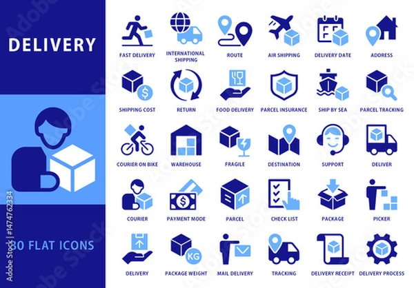 Fototapeta Collection of 30 Flat Style Blue Colored Vector Icons for Delivery Business