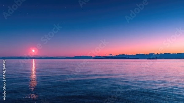 Fototapeta Minimalist Ocean Sunset with Pink-Orange Gradient & Distant Ship: Tranquil Seascape Render for Relaxation Therapy, Travel Campaigns, or Abstract Art Concepts.