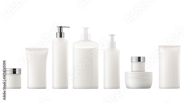 Fototapeta Assortment of white cosmetic bottles and jars displayed on a black surface