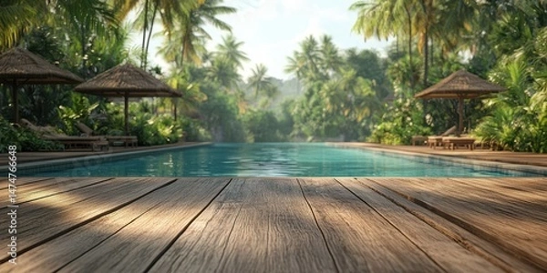 Fototapeta Serene tropical oasis with calm waters and lush greenery at a luxury resort during midday