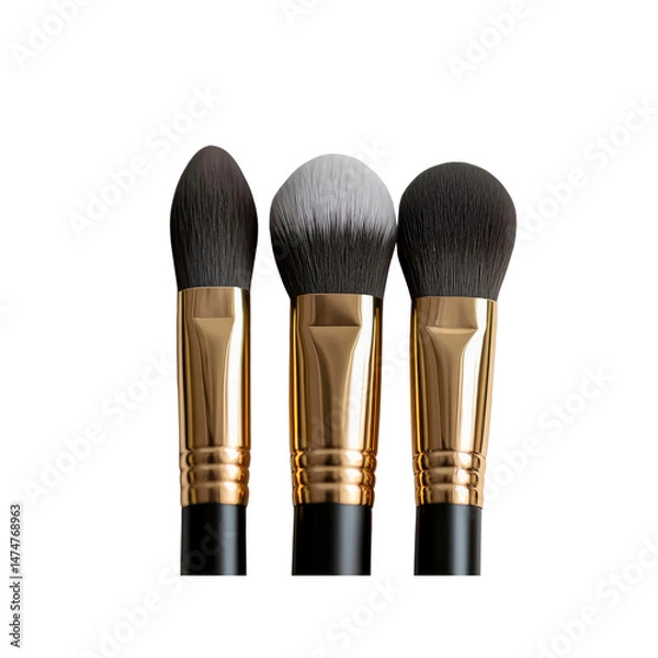Obraz Three Professional Makeup Brushes with Gold Ferrule and Black Handles on Transparent Background