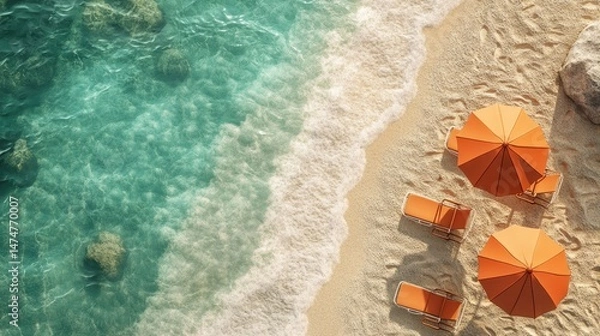 Obraz Premium Beach Banner Mockup: Detailed Summer Vacation Scene with Sun Loungers and Umbrellas on Golden Sand, High-Resolution Isolated Background for Travel Advertising, Hotel Promotions, and E-commerce