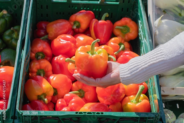 Fototapeta Customer selecting bright orange bell pepper near overflowing wooden crate of colorful peppers in grocery store produce section, choosing fresh vegetables for nutritious cooking
