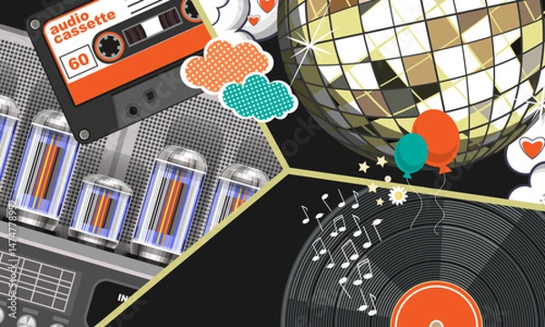 Fototapeta Colorful collage in 80s style with tube amplifier, audio cassette, vinyl record, disco ball and other elements. Vector illustration