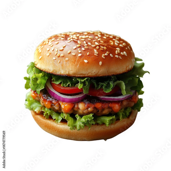 Obraz Juicy Veggie Burger with Sesame Seed Bun and Fresh Toppings