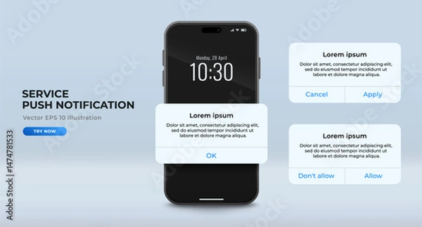 Fototapeta Set of service or system pop-up push notification templates with realistic smartphone. Reminder message from a mobile app, vector illustration. 
