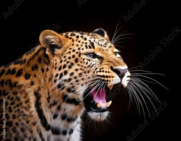 Fototapeta Yawning leopard at black background