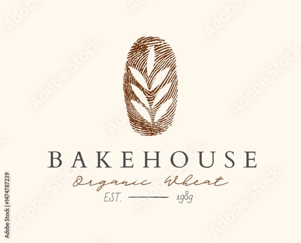 Obraz Bakehouse bakery fingerprint label design with lettering organic wheat drawing on beige background