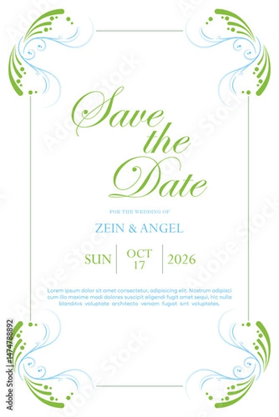 Fototapeta elegant save the date invitation template featuring green and blue floral design
