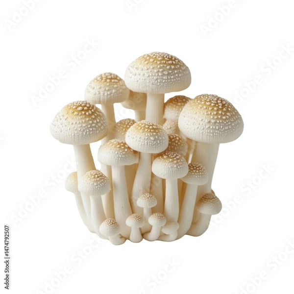 Obraz Cluster of Fresh White Mushrooms with Brown Spots, Close-up Studio Shot