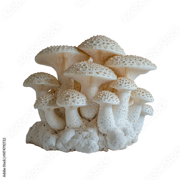Obraz Cluster of Creamy White Mushrooms with Speckled Caps on a Natural Base