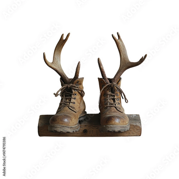 Obraz Rustic Leather Boots with Antlers on Wooden Shelf