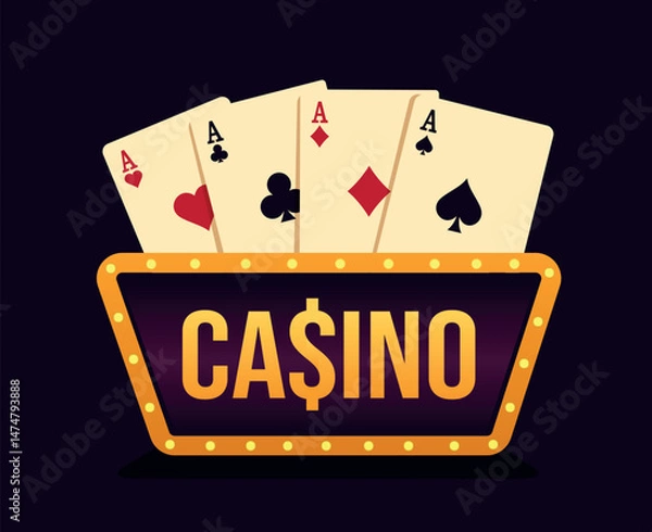 Obraz Vector illustration of Casino sign with backlight and four aces on the background. Gambling, betting, poker, luck, winning, games in bright flat design for casino logo and projects