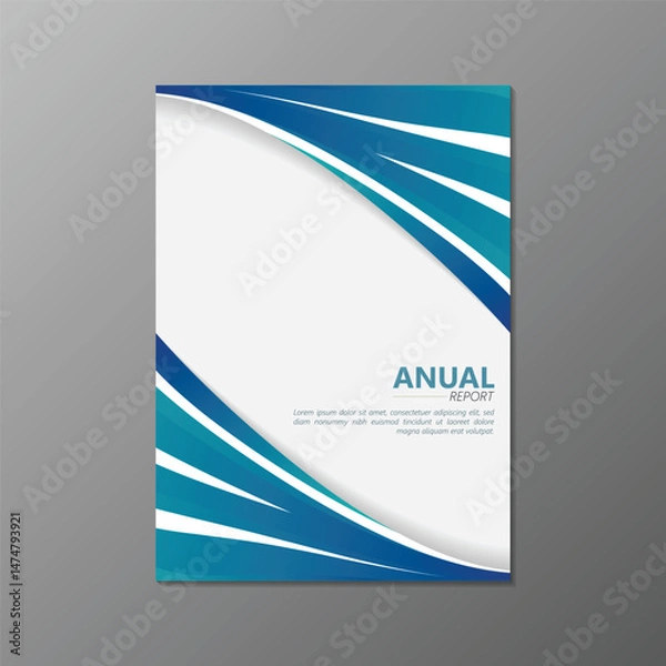 Fototapeta Clean and modern annual report cover design with blue wave elements on a white background and grey backdrop