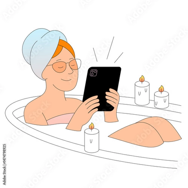 Fototapeta Enjoy a Relaxing Bath with a Tablet Surrounded by Soft Candles for a Peaceful Ambiance