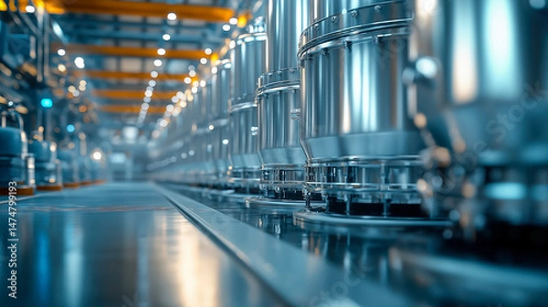 Obraz Shiny stainless steel pressure vessels lined up in clean industrial factory, perfect for manufacturing, engineering visuals, and production design use
