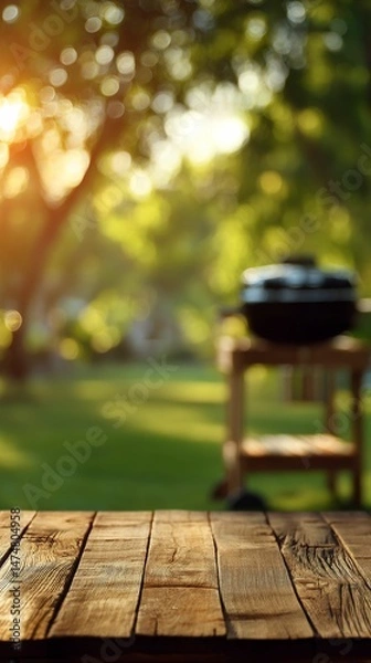 Fototapeta backyard barbecue concept with empty wooden table and grill in soft focus
