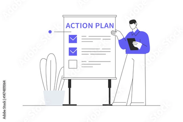 Fototapeta Businessman present action plan with checklist step on whiteboard to complete work and finish project procedure. Flat Cartoon Vector Illustration, icon. Stylish abstract design landing page