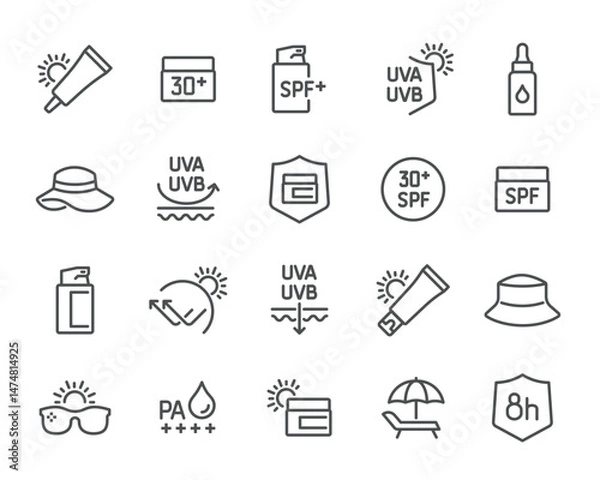 Fototapeta Vector icons on the theme of sun protection in linear style for editing. Includes images of sunscreen, hats, sunglasses, and UV protection, ready for use