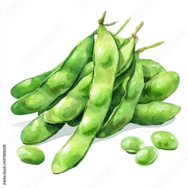 Fototapeta Fresh, vibrant green soy pods and beans.  A cluster of pods, some open, displaying smooth, glossy surfaces. Scattered beans are visible