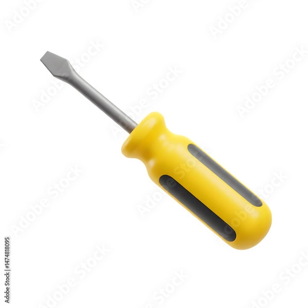 Obraz Yellow and grey flathead screwdriver. 3d rendering isolated on white background. Cartoon plastic style