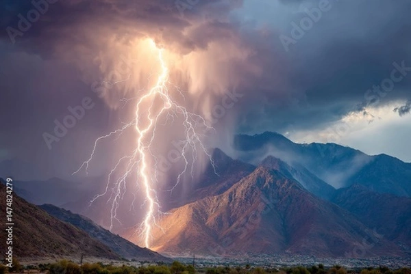Fototapeta Dramatic lightning strikes over a mountain landscape during a thunderstorm near a desert region at dusk