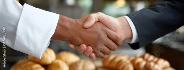 Fototapeta Professional handshake between chef and business executive in a bakery setting with fresh bread and dough on display