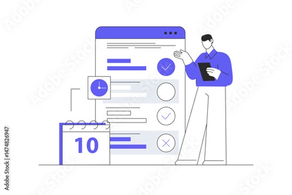 Fototapeta Man event planner checking business checklist with calendar and note schedule management time planning. Flat Cartoon Vector Illustration, icon. Stylish abstract design landing page