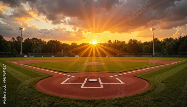 Fototapeta Baseball field at sunset with dramatic rays of light  