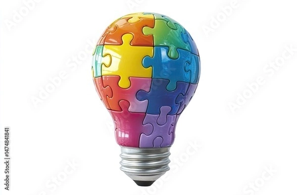 Fototapeta Colorful puzzle pieces form a lightbulb, symbolizing innovative solutions