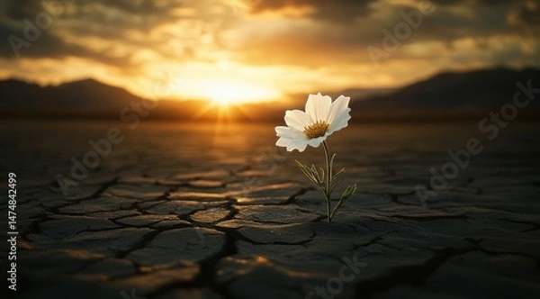 Obraz A delicate white flower grows on the cracked black earth of an empty desert, with the setting sun in the background. 