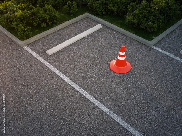 Fototapeta Asphalt floor parking lot and red traffic cone. Aerial view 3d rendering of car park.