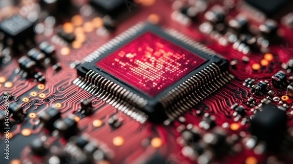 Obraz Intricate red circuit board with central chip, showcasing complex electronic components