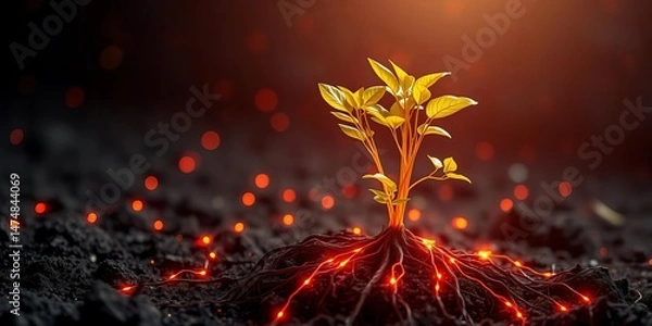 Fototapeta Glowing root network of digital plant in soil,  nature,  genetic
