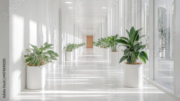 Obraz Long white minimalist hallway with row of potted green plant