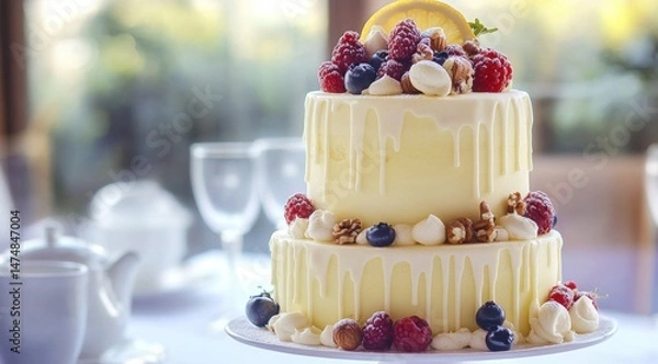 Obraz A three-tiered lemon vanilla cake with white chocolate dripping down the sides, adorned with berries and nuts on top.