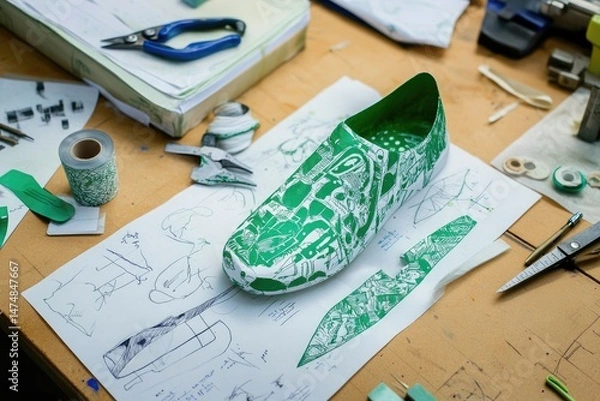 Fototapeta Green slip-on shoe prototype on a design table amidst tools and sketches