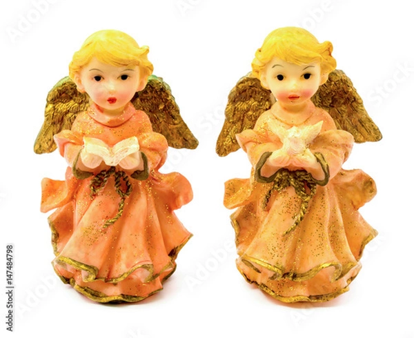 Obraz Statuettes of porcelain angels with book and pigeon isolated on white background