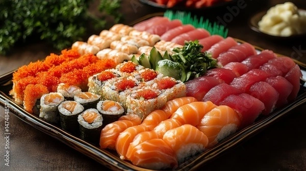 Obraz Sushi assortment with vibrant colors and various toppings on a platter presented on a wooden surface