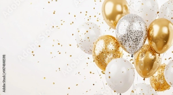 Obraz White and gold balloons with confetti on a white background, no people, festive decoration