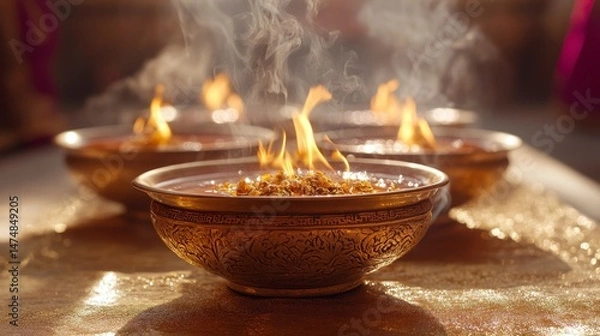 Obraz Ornate bowls holding fire, emitting smoke, sitting on a shiny surface