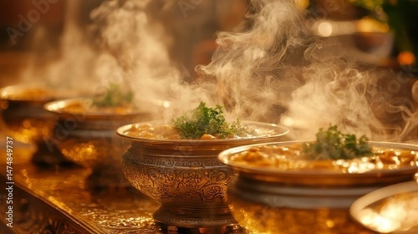 Obraz Steaming bowls of food are presented in ornate, golden bowls with garnishing