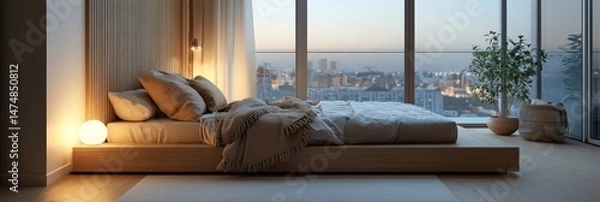 Fototapeta Serene bedroom interior at twilight with city view and elegant design