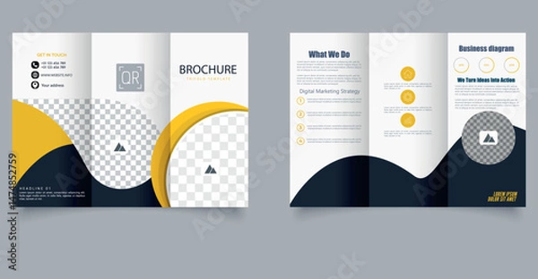 Fototapeta Creative trifold brochure layout with dynamic abstract wave elements and bright yellow accents. Ideal for marketing, corporate branding. Editable image.