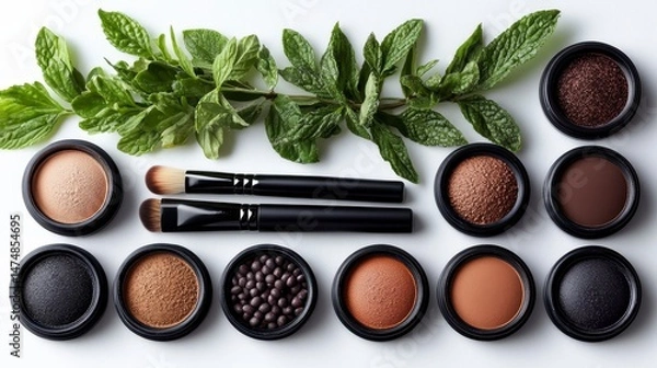 Obraz Makeup containers & brushes arranged with green sprigs on white background in neutral light
